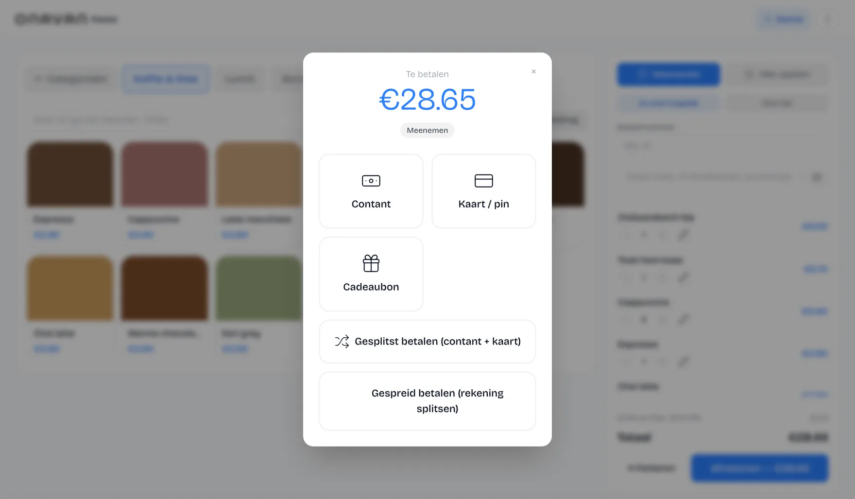Betaalscherm van de kassa met contant, kaart, cadeaubon en gesplitst betalen