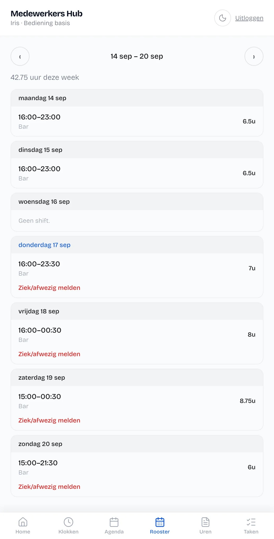Rooster van een medewerker op de telefoon, met de diensten per dag en een knop om ziek of afwezig te melden