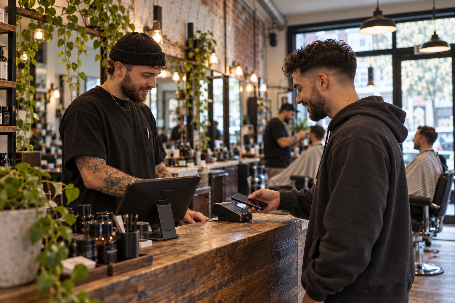 Barbershops: medewerker rekent af met een klant
